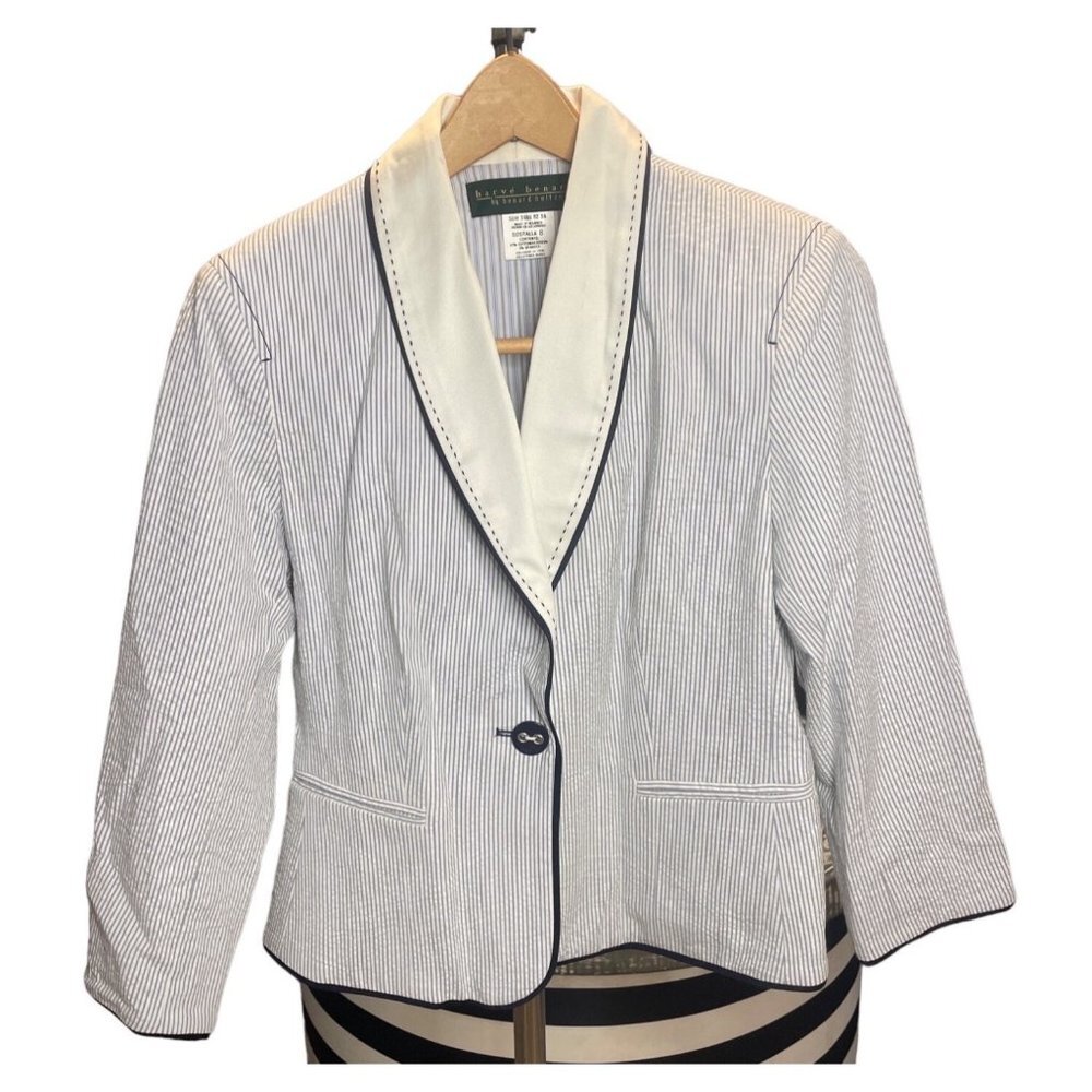Harve Benard Blue White Seersucker White Collar Single Button Jacket Sz 8